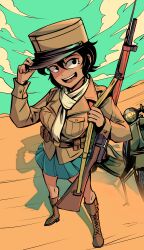  1girl black_hair blue_skirt bolt_action boots brown_jacket dark-skinned_female dark_skin desert french_army full_body gun gun_on_back hand_on_headwear hat hat_tip head_tilt highres jacket lace-up_boots mas-36 military_hat military_uniform motor_vehicle motorcycle nico_jiang open_mouth original outdoors rifle scarf scooter shadow skirt solo standing vespa vespa_150_tap weapon weapon_on_back 