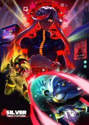  1girl 2boys aged_up alternate_design alternate_universe animal_ears animal_nose body_fur boots borrowed_design bracelet digital_dissolve dress floating furry furry_male glitch gloves gold_bracelet grey_fur hair_over_one_eye hedgehog_boy highres jewelry levitation long_hair long_sleeves looking_at_viewer male_focus mechanical_legs metal_sonic_3.0 multicolored_hair multiple_boys neo_sage_(kornart) pointy_nose racodyyy red_eyes red_hair sage_(sonic) shoes silver_the_hedgehog sonic_(series) sonic_frontiers sonic_rivals sonic_rivals_2 sonic_the_hedgehog_(2006) telekinesis white_gloves white_hair yellow_eyes 