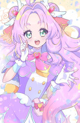  1girl :d ahoge akechi_anna blue_eyes boronttt bow brooch commentary cure_answer dot_nose double_bun dress fingerless_gloves gloves hair_bun hair_intakes hair_ornament heart heart_brooch heart_in_eye highres jewelry long_hair looking_at_viewer magical_girl meitantei_precure! open_mouth pouch precure purple_bow purple_dress purple_gloves purple_hair purple_theme shiny_skin smile solo symbol_in_eye upper_body very_long_hair white_gloves 