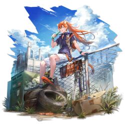  1boy alternate_costume animal_ears arknights azu-taro backpack bag belt blue_sky bottle box building cardboard_box cat_boy cat_ears cat_tail clouds cloudy_sky collar day earrings fence full_body grass hair_between_eyes highres holding holding_bottle jewelry ladder long_hair male_focus official_alternate_costume official_art open_mouth orange_eyes orange_hair outdoors ponytail rust shirt shoes short_sleeves shorts sitting sky skyscraper sneakers solo tail transparent_background watch watch water_bottle white_shorts windscoot_(arknights) windscoot_(cloud_in_foreign_land)_(arknights) 