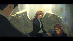  3boys angel angel_devil_(chainsaw_man) angel_wings arashi_(boom_sate225) belt black_border black_hair black_jacket black_necktie black_pants black_suit border brown_belt chainsaw_man closed_eyes closed_mouth collared_shirt commentary_request crossover dirty dirty_face hair_between_eyes halo hayakawa_aki hood hooded_jacket itadori_yuuji jacket jujutsu_kaisen jujutsu_tech_uniform letterboxed long_hair looking_at_another male_focus multiple_boys necktie pants pink_hair red_hood shirt shirt_tucked_in short_hair spread_wings standing suit traditional_halo white_shirt wings yellow_halo 