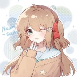  :3 :d ahoge aqua_bow aqua_bowtie blue_eyes blue_sailor_collar bow bowtie brown_hair cardigan character_name collarbone hair_between_eyes hair_intakes hair_ornament hair_ribbon hand_on_own_chin heart heart_hair_ornament long_hair long_sleeves looking_at_viewer neuro-sama one_eye_closed outline polka_dot polka_dot_background portrait red_ribbon ribbon sailor_collar sleeves_past_wrists smile two_side_up v-shaped_eyebrows vedal_ai white_background white_outline yebiyo1206 yellow_cardigan 