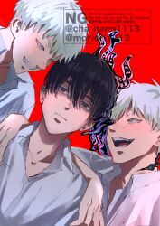  3boys black_hair blush closed_mouth collared_shirt commentary_request dual_persona fang grin highres hikaru_ga_shinda_natsu indou_hikaru indou_hikaru_(human) male_focus mole mole_on_cheek mole_on_neck mole_under_eye mole_under_mouth moriori1113 multiple_boys multiple_moles open_mouth red_background red_eyes shirt short_hair simple_background smile sweat tsujinaka_yoshiki upper_body watermark white_hair white_shirt 