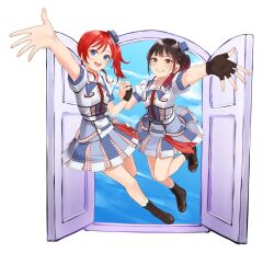  2girls animification black_hair blue_eyes blue_hat brown_eyes brown_gloves brown_shoes clenched_teeth commentary_request fingerless_gloves full_body gloves hat highres holding_hands interlocked_fingers liella!_7th_lovelive!_~fly!_music_world~ love_live! love_live!_superstar!! multicolored_hair multiple_girls official_alternate_costume official_alternate_hairstyle open_door open_hand open_mouth open_the_gate!!!_(love_live!) real_life red_hair shinyoujurin shoes short_hair_with_long_locks short_sleeves simple_background single_glove smile teeth two-tone_hair upper_teeth_only voice_actor white_background yabushima_akane yoneme_mei 