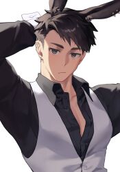  1boy absurdres animal_ears black_eyes black_hair black_shirt earrings grey_vest highres jewelry kurobikari looking_at_viewer male_focus male_playboy_bunny muscular muscular_male original partially_open_shirt pectorals rabbit_ears shirt short_hair upper_body vest wrist_cuffs 