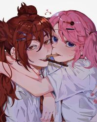  2girls blush food food_in_mouth from_side hair_ornament hairclip highres hug jinx_(league_of_legends) kid_sppinarl league_of_legends long_hair lux_(league_of_legends) multiple_girls pink_hair pocky pocky_in_mouth red_hair shirt short_sleeves simple_background smile star_guardian_jinx star_guardian_lux twintails white_background yuri 