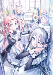  >_< 4girls :d animal_ear_headphones animal_ears apron aqua_halo aqua_ribbon aris_(blue_archive) aris_(maid)_(blue_archive) arms_up black_dress black_hair black_wrist_cuffs blonde_hair blue_archive blue_eyes blush cat_ear_headphones cat_ears chosunbe commentary cup doorway dress fake_animal_ears food forehead frilled_apron frills game_console game_development_department_(blue_archive) green_eyes green_halo hair_between_eyes halo hands_up headphones highres holding holding_mop holding_tray indoors juliet_sleeves kei_(robot)_(blue_archive) long_hair long_hair_between_eyes long_sidelocks long_sleeves looking_at_viewer low-tied_sidelocks maid_apron maid_headdress midori_(blue_archive) midori_(maid)_(blue_archive) momoi_(blue_archive) momoi_(maid)_(blue_archive) mop multiple_girls neck_ribbon official_alternate_costume one_eye_closed one_side_up open_mouth orange_halo own_hands_together parfait parted_lips pink_halo pov_doorway power_symbol puffy_short_sleeves puffy_sleeves rectangular_halo red_hair ribbon short_sleeves siblings sidelocks sisters smile teacup teapot toy_robot tray twins v_arms violet_eyes white_apron white_ribbon wrist_cuffs xd yuzu_(blue_archive) yuzu_(maid)_(blue_archive) 