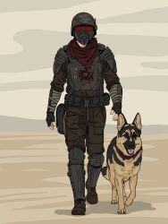  1boy absurdres ammunition_pouch animal_collar armor bag bandana black_gloves boots brown_boots bulletproof_vest collar desert dog fallout fallout:_new_vegas fingerless_gloves gas_mask gloves greaves helmet highres logan_likes_to_draw mask military_uniform ncr_veteran_ranger new_california_republic pauldrons pouch sand satchel shoulder_armor walking 