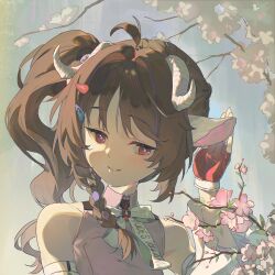  1girl absurdres ahoge animal_ears ardelia_(arknights) arknights arknights:_endfield bare_shoulders braid brown_hair cherry_blossoms commentary_request curled_horns eyjafjalla_(arknights) fingerless_gloves gloves grey_horns hand_up highres horns long_hair looking_at_viewer red_eyes red_gloves sheep_ears sheep_girl sheep_horns side_braid side_ponytail sky smile solo upper_body ziid_(ziid69) 