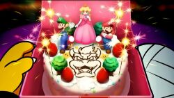  1girl 3boys bandages bowser cake cake_slice facial_hair food fruit hat holding holding_cake holding_food luigi mario mario_&amp;_luigi:_bowser's_inside_story mario_&amp;_luigi_rpg multiple_boys mustache natsukothemun pastry pov princess_peach red_hat strawberry strawberry_cake strawberry_shortcake super_mario_bros. 