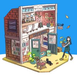  1girl apron black_hair book book_stack bookshelf bookstore boots cafe cat coffee coffee_maker counter cup doll_house highres holding holding_book menu menu_board miniature model original plant potted_plant restaurant scenery shop slice_of_life store_clerk storefront takaichi_(tkch) 