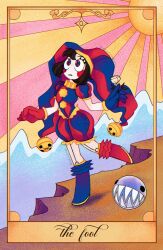  asymmetrical_footwear asymmetrical_gloves blue_eyes blue_gloves blue_hat blush brown_hair bubble bubble_(the_amazing_digital_circus) card_(medium) cliff colored_skin english_text fishnets frilled_thigh_strap full_body gloves hat highres jester_cap jester_costume light_rays looking_up medium_hair mountainous_horizon multicolored_eyes outdoors pomni_(the_amazing_digital_circus) red_eyes red_gloves red_hat red_sky sharp_teeth sky standing standing_on_one_leg sun tarot tarot_(medium) teeth the_amazing_digital_circus the_fool_(tarot) thigh_strap twitter_username two-tone_eyes two-tone_hat vee_flytrap white_skin 