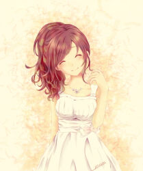  1girl ^_^ artist_name bare_arms bare_shoulders bow breasts brown_hair closed_eyes closed_mouth collarbone commentary_request curly_hair dot_nose dress facing_viewer flower flower_necklace hand_up high_ponytail high_side_ponytail jewelry light_blush medium_breasts medium_hair necklace original pluvias ponytail signature sleeveless sleeveless_dress smile upper_body waist_bow white_bow white_flower yellow_background 