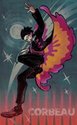  1boy belt black_coat black_hair black_pants black_shoes character_name coat commentary_request corbeau_(pokemon) dress_shoes french_commentary full_body full_moon layered_sleeves long_sleeves looking_at_viewer maku_maas male_focus moon necktie pants pokemon pokemon_legends:_z-a purple_shirt round_eyewear shirt shirt_tucked_in shoes short_hair smile solo two-sided_coat two-sided_fabric white_necktie yellow_eyes 