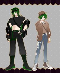  2boys :d abs absurdres ahoge arm_at_side backwards_hat bag belt black-framed_eyewear black_gloves black_jacket black_pants black_shirt blue_pants boots brown_bag brown_hat brown_jacket brown_shoes brown_sweater character_charm charm_(object) cheek_tattoo chiikawa chiikawa_(character) chinese_commentary closed_mouth collared_shirt colored_shoe_soles commentary_request converse crossed_bangs curtained_hair denim double-parted_bangs dual_persona eyewear_on_head fingerless_gloves fingernails flipped_hair full_body gatling_pea_(plants_vs._zombies) glasses gloves green_belt green_boots green_eyes green_hair green_jacket grey-framed_eyewear grey_background grey_shirt grin hachiware_(chiikawa) hair_between_eyes hand_on_own_hip hand_on_own_neck hand_up hat height_difference high_heel_boots high_heels highres hood hooded_jacket jacket jacket_partially_removed jeans knee_boots lace-up_boots legs_apart letterboxed long_sleeves looking_at_viewer male_focus midriff multicolored_jacket multiple_boys muscular muscular_male navel no_pupils open_clothes open_jacket orange_outline outline outside_border pants personification plants_vs._zombies plants_vs._zombies_2 platform_boots pocket puffy_long_sleeves puffy_pants puffy_sleeves rectangular_eyewear semi-rimless_eyewear shirt shoelaces shoes short_sleeves shoulder_bag side-by-side siiiiiiiiiii simple_background smile sparkle standing sunglasses sweater tattoo two-sided_fabric two-sided_jacket two-tone_jacket yellow_eyes 