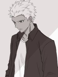  1boy absurdres archer_(fate) black_shirt collared_shirt commentary_request dark-skinned_male dark_skin fate/stay_night fate_(series) highres male_focus marimohu_starry open_clothes open_shirt serious shirt solo spiky_hair 