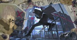  1girl 1other 2boys absurdres ahoge alternate_universe black_coat black_hair black_pants black_shoes building can car cellphone chinese_commentary cityscape coat coin commentary_request crosswalk danganronpa_(series) danganronpa_2:_goodbye_despair grey_vest hair_ornament highres hinata_hajime holding holding_phone holding_umbrella komaeda_nagito llanz motor_vehicle multiple_boys nanami_chiaki pants phone purple_hair running shirt shoes spoken_character spoken_scene sweat talking_on_phone umbrella vest white_hair white_shirt 