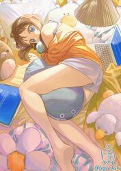  1girl absurdres bare_shoulders barefoot bird blue_eyes blue_screen_of_death brown_hair cellphone commentary computer food highres kagenoyuhi laptop looking_at_viewer lying on_side original phone pillow smartphone solo untranslatable_commentary 
