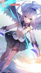  1girl angel angel_beats! angel_wings aura black_skirt closed_mouth collared_shirt commentary copyright_logo copyright_notice dual_wielding dutch_angle english_commentary feathers feet_out_of_frame fighting_stance floating_hair glowing glowing_sword glowing_weapon hair_between_eyes half_updo hand_sonic heaven_burns_red highres holding holding_sword holding_weapon jacket key_(company) kneehighs lens_flare light_particles logo long_hair long_sleeves looking_at_viewer miniskirt neck_ribbon official_art official_wallpaper pleated_skirt ponytail ribbon school_uniform serious shirt skirt socks solo standing sword tachibana_kanade v-shaped_eyebrows weapon white_feathers white_hair white_shirt white_socks white_wings wings yellow_eyes yellow_jacket yellow_ribbon 