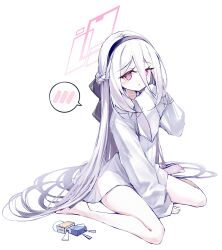  1girl arm_between_legs barefoot black_hairband blue_archive chosunbe collared_shirt commentary double-parted_bangs full_body hair_between_eyes hairband half_updo halo hand_up highres kei_(blue_archive) kei_(new_body)_(blue_archive) kei_(robot)_(blue_archive) long_hair long_hair_between_eyes looking_at_viewer oversized_clothes oversized_shirt parted_lips pink_eyes pink_halo rectangular_halo shirt simple_background single_sleeve_past_fingers single_sleeve_past_wrist sitting solo spoken_blush very_long_hair wariza white_background white_hair white_shirt wide_sleeves 