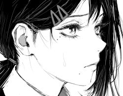  1girl chainsaw_man close-up closed_mouth commentary_request eyelashes from_side greyscale hair_behind_ear hair_ornament hairclip higashiyama_kobeni inoitoh long_hair looking_ahead mole mole_under_eye mole_under_mouth monochrome multiple_moles simple_background solo white_background 