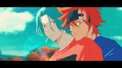  2boys arashi_(boom_sate225) black_border blue_eyes blue_hair blue_shirt border closed_mouth commentary hair_between_eyes hasegawa_langa head_on_another's_shoulder headband kyan_reki lens_flare letterboxed lollipop_in_mouth looking_at_viewer male_focus multiple_boys red_eyes red_hair red_shirt shirt short_hair sk8_the_infinity sky sunlight 