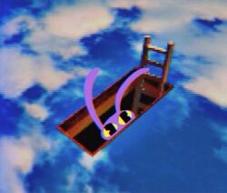  1boy animal_ears blue_sky clouds commentary hole_in_floor jax_(the_amazing_digital_circus) jellyfishin ladder peeking_out pixel_art rabbit_boy rabbit_ears sky solo the_amazing_digital_circus untranslatable_commentary yellow_eyes 