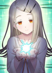  1girl blonde_hair camisole closed_mouth collarbone colored_eyelashes commentary_request cupping_hands flipped_hair gakuen_idolmaster glowing green_background hair_ornament hairclip hands_up highres idolmaster koukei_(idolmaster) long_hair looking_at_viewer open_clothes open_robe orange_eyes own_hands_together parallel_hairclips robe shinosawa_hiro smile solo swept_bangs taba_neruko upper_body white_camisole white_robe wristband 