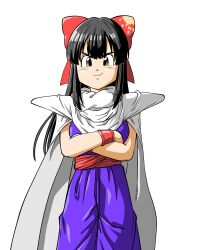  1girl black_hair bow brown_eyes cape commentary_request cosplay cowboy_shot crossed_arms dragon_ball dragon_ball_z highres indie_virtual_youtuber lee_(dragon_garou) long_hair mito_wakana parody piccolo piccolo_(cosplay) red_bow shoulder_pads solo style_parody toriyama_akira_(style) virtual_youtuber white_cape wristband 
