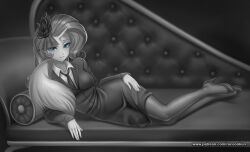  1girl alternate_skin_color blue_eyes breasts collared_shirt commentary couch curly_hair english_commentary eyelashes formal_clothes full_body greyscale grin hand_on_own_hip hat highres jacket lips long_hair long_sleeves looking_at_viewer lying medium_breasts medium_skirt monochrome my_little_pony my_little_pony:_equestria_girls my_little_pony:_friendship_is_magic nail_polish necktie office_lady on_couch on_side patreon_username pencil_skirt pillow racoon-kun raised_inner_eyebrows rarity_(equestria_girls) rarity_(my_little_pony) reclining scene_reference see-through_clothes see-through_veil shirt skirt sleeves_past_wrists smile solo spot_color tsurime unicorn_girl unicorn_horn veil web_address 