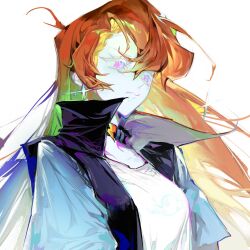  1girl arms_at_sides black_collar black_jacket blonde_hair blue_hair blue_skin blue_sleeves breasts bright_pupils chinese_commentary closed_mouth collar collarbone collared_jacket colored_eyelashes colored_skin commentary_request curtained_hair from_below frown green_hair hair_between_eyes half-closed_eyes highres jacket lightning_bolt_symbol long_hair looking_down medium_breasts multicolored_hair my_little_pony my_little_pony:_equestria_girls my_little_pony:_friendship_is_magic open_clothes open_jacket orange_hair pink_eyes procreate_(medium) raglan_sleeves rainbow_dash rainbow_dash_(equestria_girls) serious shirt short-sleeved_jacket short_sleeves simple_background solo sparkle streaked_hair upper_body v-shaped_eyebrows very_long_hair white_background white_eyelashes white_pupils white_shirt yaotaihhh 