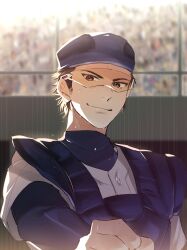  1boy absurdres ace_of_diamond baseball_helmet baseball_stadium baseball_uniform blurry blurry_background brown_eyes brown_hair chest_protector closed_mouth commentary_request goggles helmet highres iramiikaiiri looking_at_viewer male_focus miyuki_kazuya short_hair sideburns smile solo sportswear sweat upper_body 