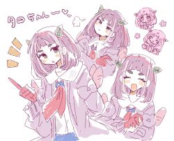  1girl :d :o arched_bangs blue_pants blush brown_eyes cardigan closed_mouth eyelashes gloves hair_ornament hairclip han0579 highres lacey_(pokemon) looking_at_viewer multiple_views necktie open_cardigan open_clothes open_mouth pants partially_fingerless_gloves pink_cardigan pink_hair pokemon pokemon_sv pout red_gloves red_necktie shirt short_hair smile translation_request white_shirt 