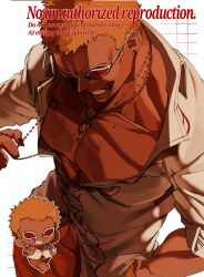  1boy aster0112 black_nails blonde_hair chibi commentary donquixote_doflamingo earrings english_text grin hand_in_pocket highres jewelry male_focus medium_hair multiple_necklaces muscular muscular_male necklace one_piece open_clothes open_shirt pectorals shirt short_hair smile sunglasses untranslatable_commentary white_shirt 