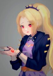  1girl absurdres adagio_dazzle adagio_dazzle_(human) alternate_skin_color belt black_jacket blonde_hair bracelet breasts chinese_commentary collared_shirt commentary_request crescent curtained_hair determination300 dress eyes_visible_through_hair eyeshadow forehead gem glowing glowing_eyes gold_belt grey_background hairband hands_up high_ponytail highres holding holding_jewelry holding_necklace jacket jewelry long_hair long_sleeves looking_at_object looking_down makeup my_little_pony my_little_pony:_equestria_girls my_little_pony:_friendship_is_magic necklace official_alternate_costume open_clothes open_jacket open_mouth ponytail purple_dress purple_hairband raised_eyebrows red_eyes red_gem shirt simple_background small_breasts solo spiked_hairband spiked_jacket spikes tongue triangle_print unworn_jewelry unworn_necklace upper_body very_long_hair wavy_hair yellow_eyeshadow 