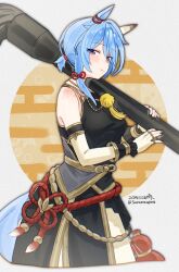  1girl alternate_costume animal_ears asymmetrical_gloves bare_shoulders black_gloves black_shirt blue_eyes blue_hair blush breasts calligraphy_brush closed_mouth commentary_request cosplay ear_covers fingerless_gloves giant_brush gloves hair_between_eyes hair_ornament highres holding holding_calligraphy_brush holding_paintbrush horse_ears horse_girl horse_tail k.s.miracle_(umamusume) katsuragi_ace_(pen_name:_ink_dragon)_(umamusume) katsuragi_ace_(umamusume) katsuragi_ace_(umamusume)_(cosplay) looking_at_viewer mismatched_gloves paintbrush red_rope rope saramiao-chan shirt short_hair single_ear_cover skirt sleeveless solo tail umamusume white_gloves 