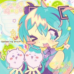 !! +++ 1girl 2others :3 :d ahoge aqua_eyes aqua_hair aqua_necktie artist_name black_sleeves blush blush_stickers border chiikawa chiikawa_(character) collared_shirt creepy4ngel detached_sleeves dot_nose grey_shirt hachiware_(chiikawa) happy hatsune_miku long_hair multiple_others musical_note one_eye_closed open_mouth ornate_border polka_dot star teeth twintails upper_teeth upper_teeth_only vocaloid