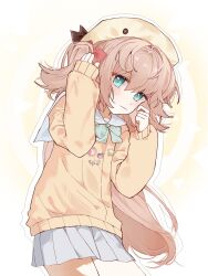  1girl aqua_bow aqua_bowtie aqua_eyes beret blue_sailor_collar blue_skirt blush bow bowtie brown_hair brown_ribbon cardigan closed_mouth cowboy_shot hair_between_eyes hair_intakes hair_ribbon hand_on_own_head hands_up hat hat_ribbon highres long_hair looking_at_viewer looking_up miniskirt neuro-sama outline pleated_skirt red_ribbon ribbon sailor_collar skirt sleeves_past_wrists smile solo two_side_up vedal_ai very_long_hair white_background white_outline yebiyo1206 yellow_background yellow_cardigan yellow_hat 