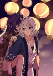 2girls ahoge blue_eyes carrying carrying_person chinese_clothes closed_eyes closed_mouth commentary_request hanfu honkai_(series) honkai_impact_3rd kiana_kaslana lantern long_hair multiple_girls night ning_jimu outdoors piggyback purple_hair raiden_mei white_hair yuri 
