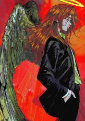  angel_devil_(chainsaw_man) angel_wings asturlavi chainsaw_man feathered_wings halo hands_in_pockets highres jacket long_hair profile red_background red_hair suit suit_jacket wings 
