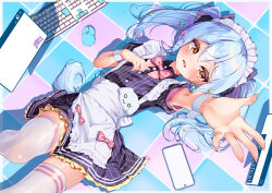  1boy absurdres apron blue_hair blush bow bowtie cellphone commentary_request computer_keyboard computer_mouse frilled_skirt frills highres inuyama_tamaki inuyama_tamaki_(2nd_costume) maid maid_headdress marimo_daifuku noripro orange_eyes phone pink_bow pink_bowtie reaching skirt smartphone smile thigh-highs trap twintails virtual_youtuber white_apron white_thighhighs 