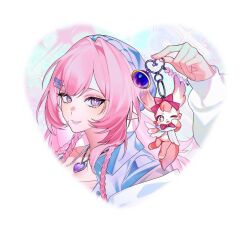 1girl blue_hat bubuchi character_charm charm_(object) commentary cyrene_(demiurge)_(honkai:_star_rail) cyrene_(honkai:_star_rail) cyrene_(nylon_japan)_(honkai:_star_rail) diamond-shaped_pupils diamond_(shape) english_commentary hat heart heart_background heart_necklace holding holding_charm honkai:_star_rail honkai_(series) jewelry long_hair mem_(honkai:_star_rail) necklace official_alternate_costume pink_hair pointy_ears solo symbol-shaped_pupils very_long_hair violet_eyes 