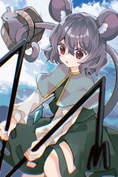  1girl animal_ear_fluff animal_ears basket blush capelet clouds commentary_request cowboy_shot dowsing_rod gem gold_trim grey_capelet grey_hair grey_skirt grey_vest hair_between_eyes highres holding holding_with_tail jewelry katsuragi_atori long_sleeves mouse_(animal) mouse_ears mouse_girl mouse_tail nazrin necklace open_mouth pendant prehensile_tail red_eyes short_hair skirt skirt_set sky solo tail touhou vest 