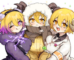  3girls :3 armband black_shirt blonde_hair breasts brown_scarf closed_mouth collared_shirt commentary_request curved_horns don_quixote_(project_moon) dress e.g.o_(project_moon) electric_screaming_(e.g.o) electricity fur-trimmed_dress fur_hood fur_trim gradient_hair hair_between_eyes heishou_pack-wei_branch_(identity)_(project_moon) highres horns jacket lantern_(e.g.o) large_breasts limbus_company looking_at_viewer multicolored_hair multiple_girls necktie one_eye_closed open_mouth orange_armband project_moon purple_dress purple_hair ro/ku scarf sharp_teeth sheep_horns shirt short_hair simple_background smile sparkle teeth tongue tongue_out upper_body violet_eyes white_background white_jacket white_necktie yellow_eyes yellow_jacket 