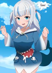  1girl :d absurdres animal_hood blue_eyes blue_hoodie blue_sky clouds cloudy_sky commentary_request fins fish_tail gawr_gura gawr_gura_(1st_costume) hair_ornament highres hololive hololive_english hood hoodie kenjo9797 long_sleeves looking_at_viewer open_mouth shark_girl shark_hair_ornament shark_hood shark_tail sharp_teeth short_hair sky smile solo tail teeth virtual_youtuber 