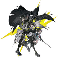  1boy 3girls absurdres animal_ears arknights arknights:_endfield bird_ears bird_girl black_boots black_coat black_hair black_pantyhose black_shoes blue_eyes boots chen_qianyu_(arknights) coat commentary_request dragon_girl dragon_horns dragon_tail eastern_dragon_horns eastern_dragon_tail endministrator_(arknights) female_endministrator_(arknights) full_body grey_eyes grey_hair high_heel_boots high_heels highres holding holding_sword holding_weapon horns long_hair male_endministrator_(arknights) multiple_girls mura_karuki official_art open_clothes open_coat pantyhose perlica_(arknights) pleated_skirt shoes short_hair simple_background skirt sword tail thigh_boots weapon white_background white_skirt 