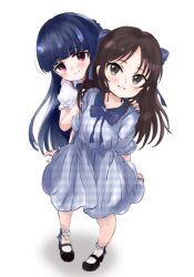  2girls behind_another blue_hair blush brown_eyes brown_hair commentary_request dress hands_on_another's_shoulders highres idolmaster idolmaster_cinderella_girls long_hair looking_at_viewer mary_janes multiple_girls sajo_yukimi shin_fuj shoes smile tachibana_arisu 