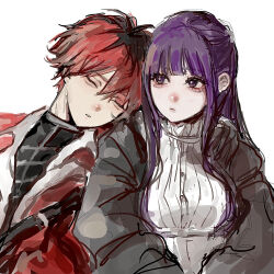  1boy 1girl aegyo_sal black_jacket black_shirt blunt_bangs breasts buttons closed_eyes commentary couple dress english_commentary fern_(sousou_no_frieren) hair_between_eyes head_on_another's_shoulder highres jacket leigh_113n long_hair looking_at_another medium_breasts purple_hair red_hair shirt short_hair sidelocks simple_background sleeping sousou_no_frieren stark_(sousou_no_frieren) upper_body violet_eyes white_background white_dress white_shirt 