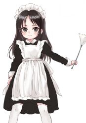  1girl apron black_dress black_eyes black_hair dress duster highres holding holding_duster idolmaster idolmaster_cinderella_girls long_hair looking_at_viewer maid maid_headdress shin_fuj smile solo tachibana_arisu 