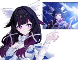  1girl arm_ribbon black_hair blunt_bangs bow bright_pupils columbina_(genshin_impact) commentary_request dress genshin_impact hair_ornament hair_ribbon highres long_hair multicolored_eyes multicolored_hair pink_eyes pink_hair reference_inset ribbon solo teeth two-tone_hair violet_eyes watari_0208 white_background white_bow white_dress white_pupils white_ribbon wing_hair_ornament 